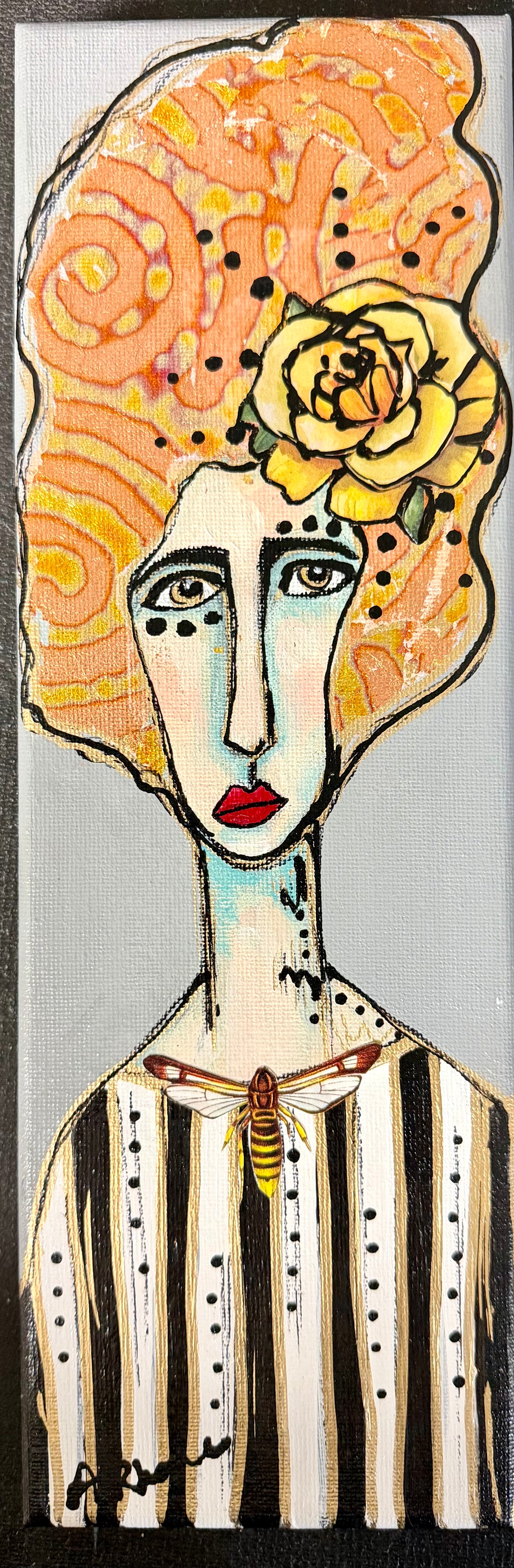 Original, signed mini /slender painting on canvas  Abstract portrait w/mixed media 4x12”
