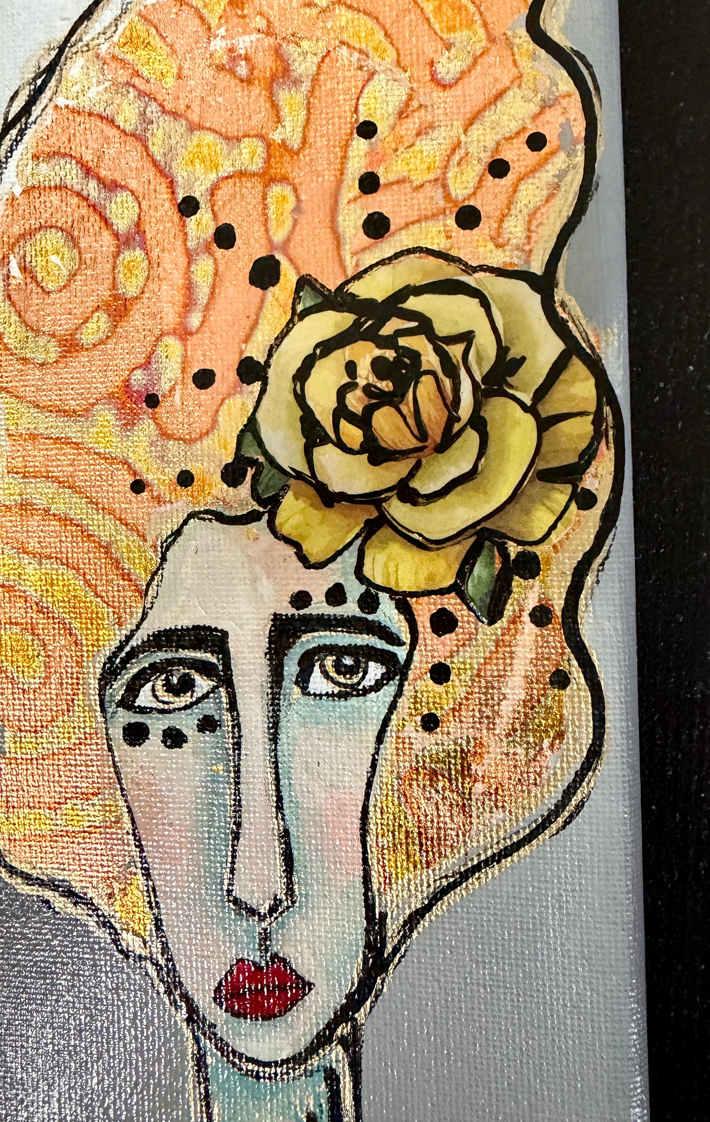 Original, signed mini /slender painting on canvas  Abstract portrait w/mixed media 4x12”