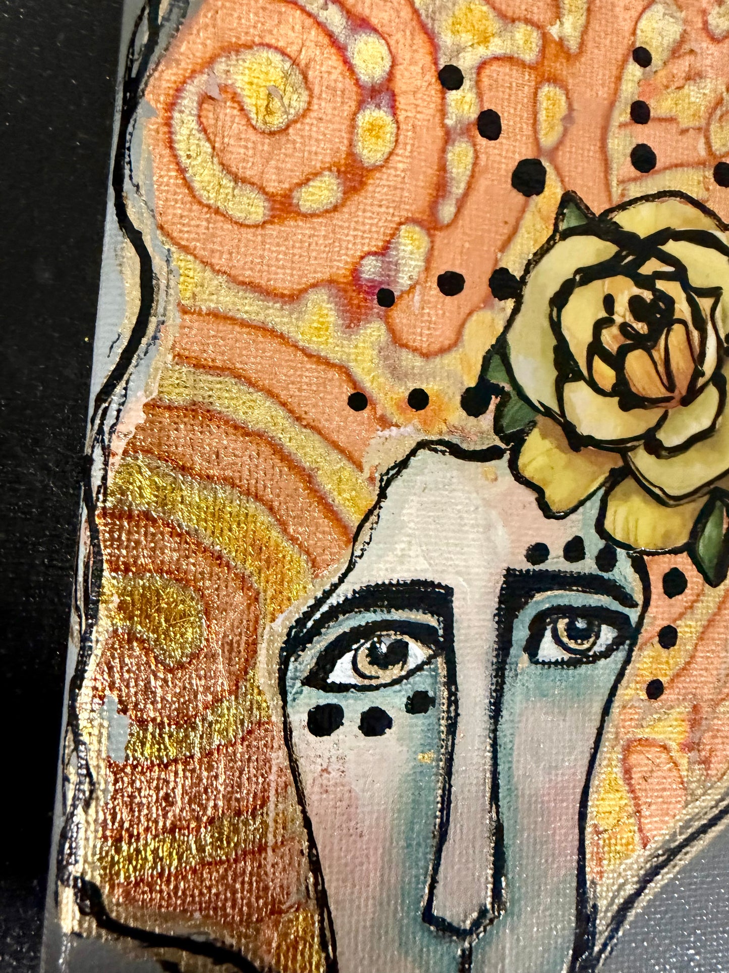Original, signed mini /slender painting on canvas  Abstract portrait w/mixed media 4x12”