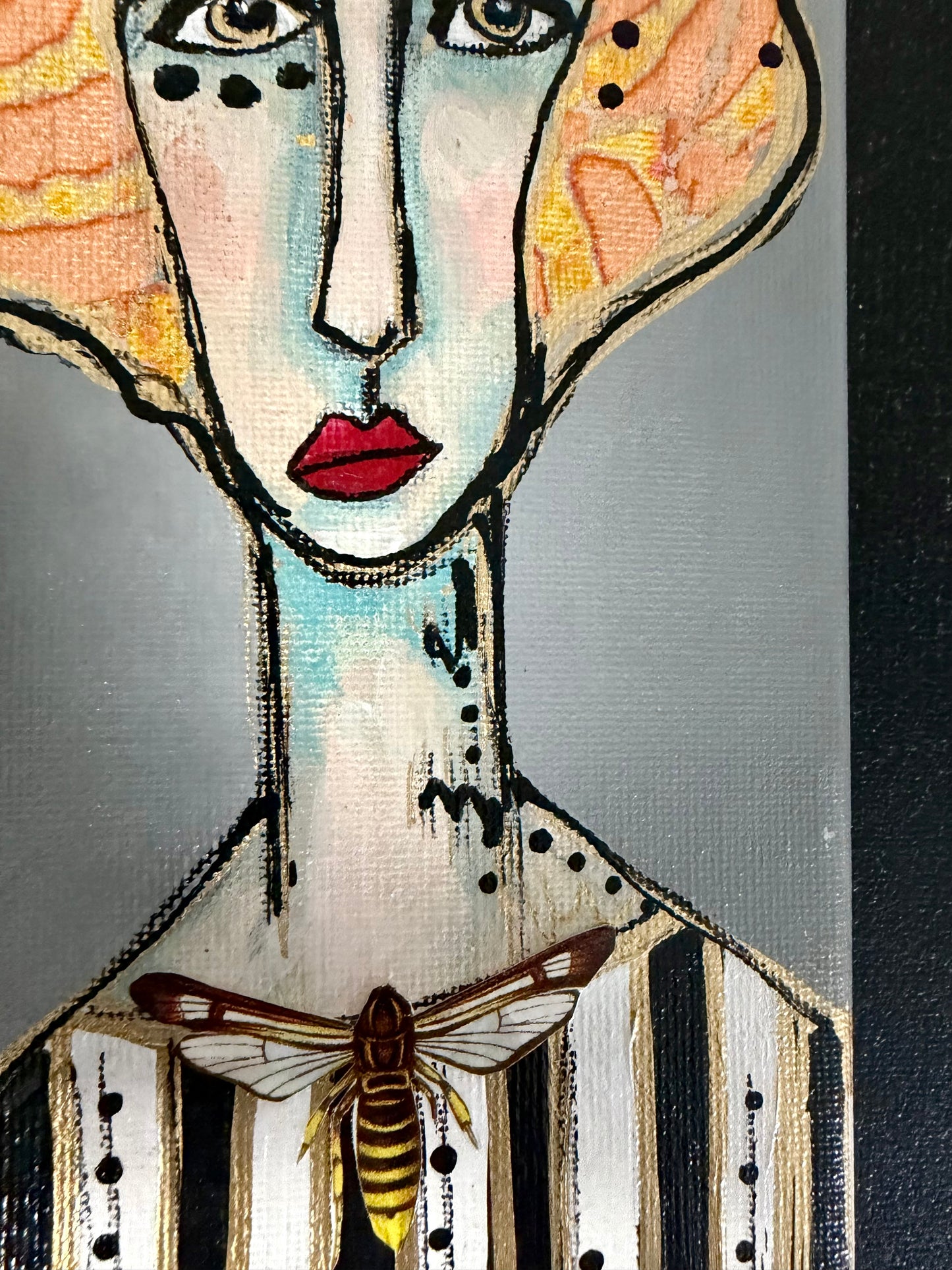 Original, signed mini /slender painting on canvas  Abstract portrait w/mixed media 4x12”