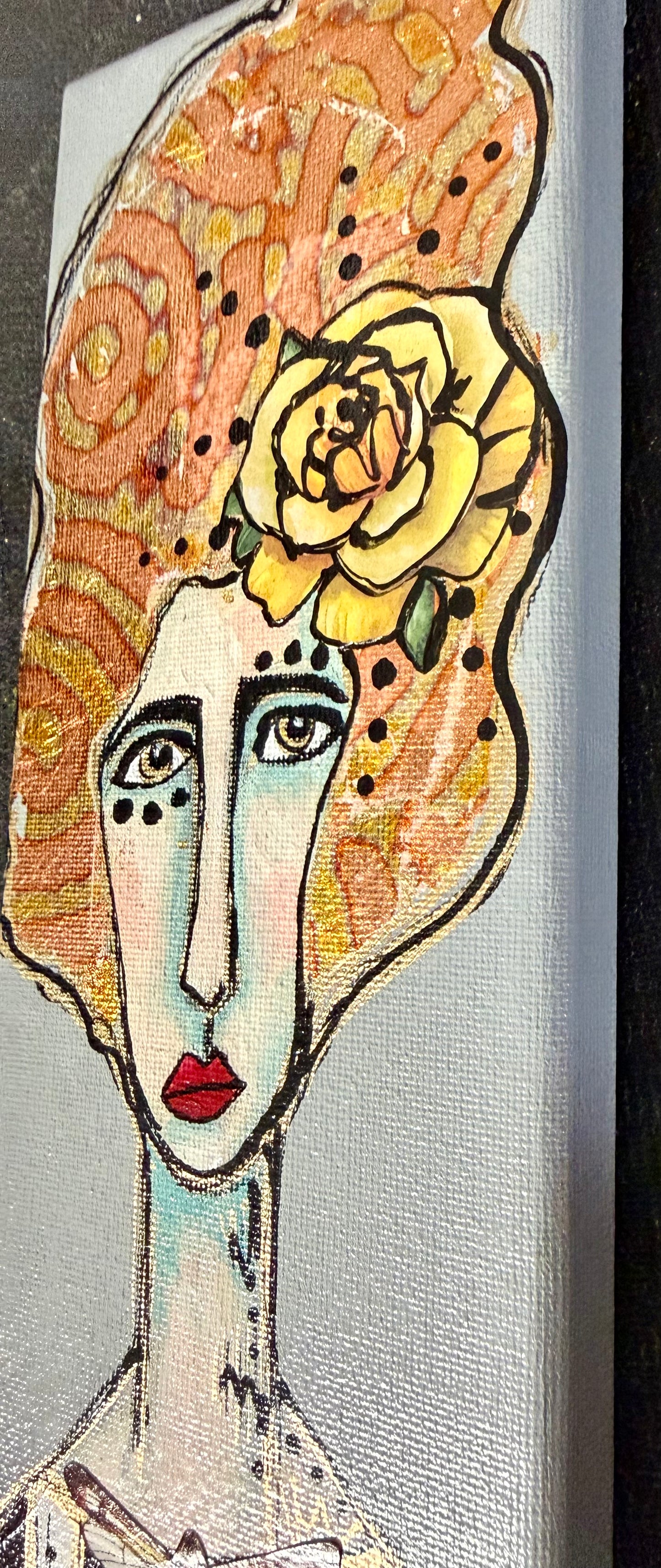 Original, signed mini /slender painting on canvas  Abstract portrait w/mixed media 4x12”
