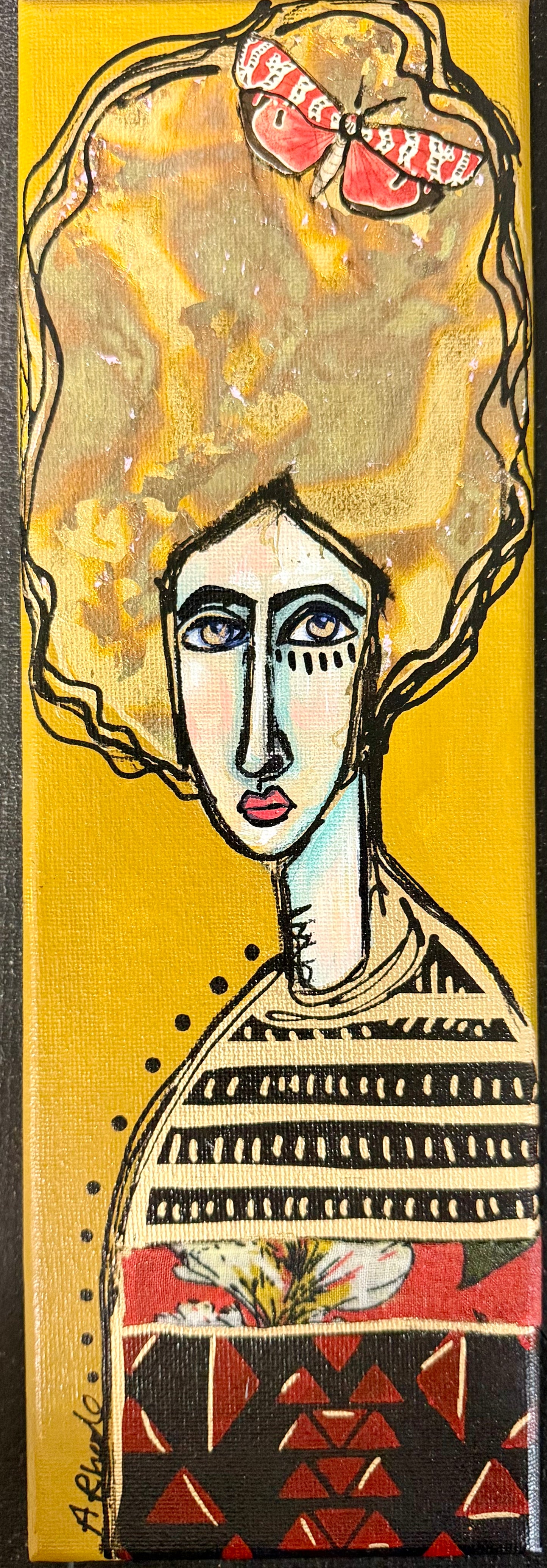 Original, signed mini /slender painting on canvas  Abstract portrait w/mixed media 4x12”
