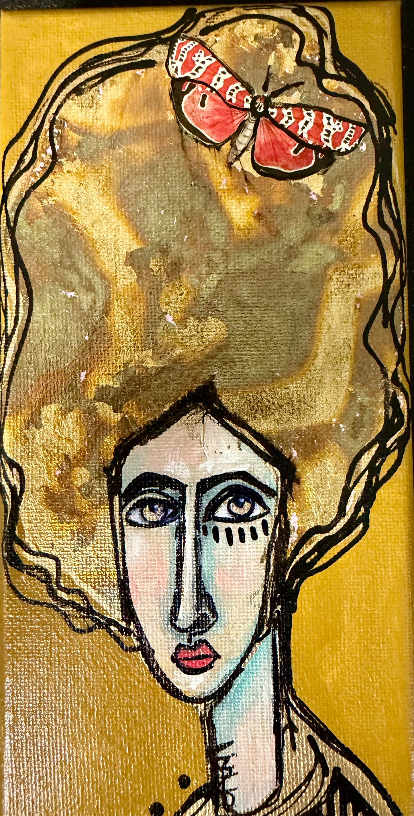 Original, signed mini /slender painting on canvas  Abstract portrait w/mixed media 4x12”