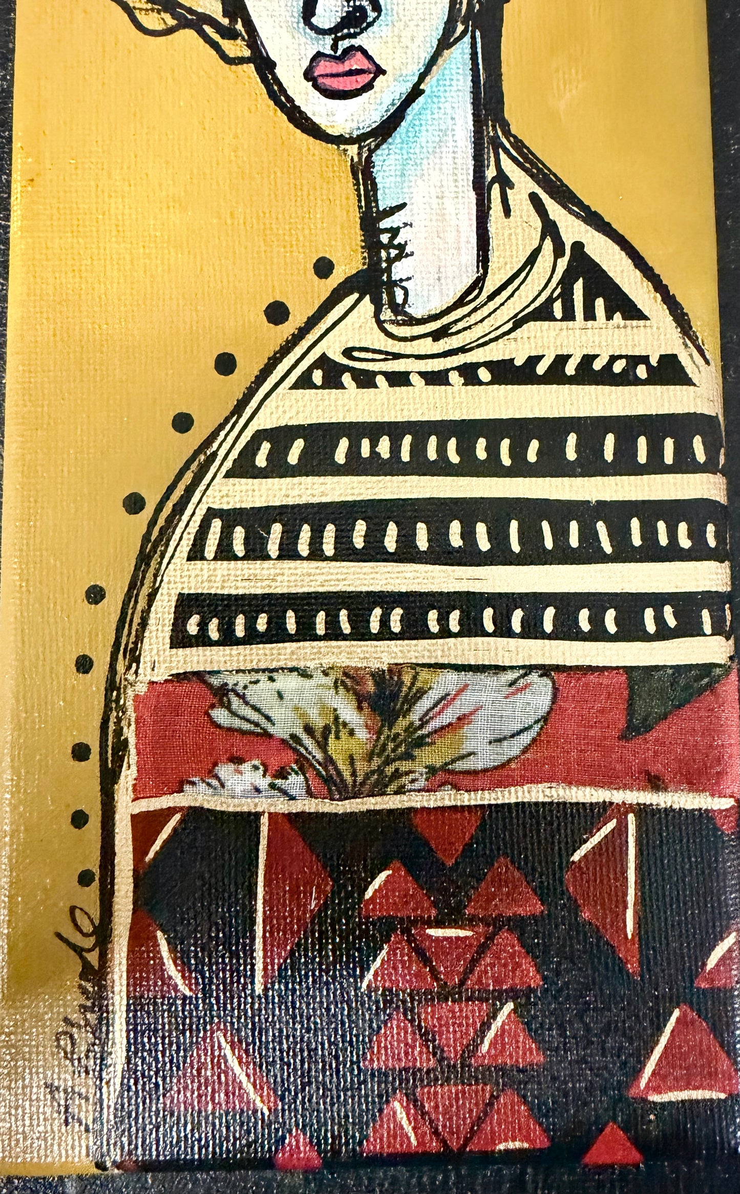 Original, signed mini /slender painting on canvas  Abstract portrait w/mixed media 4x12”