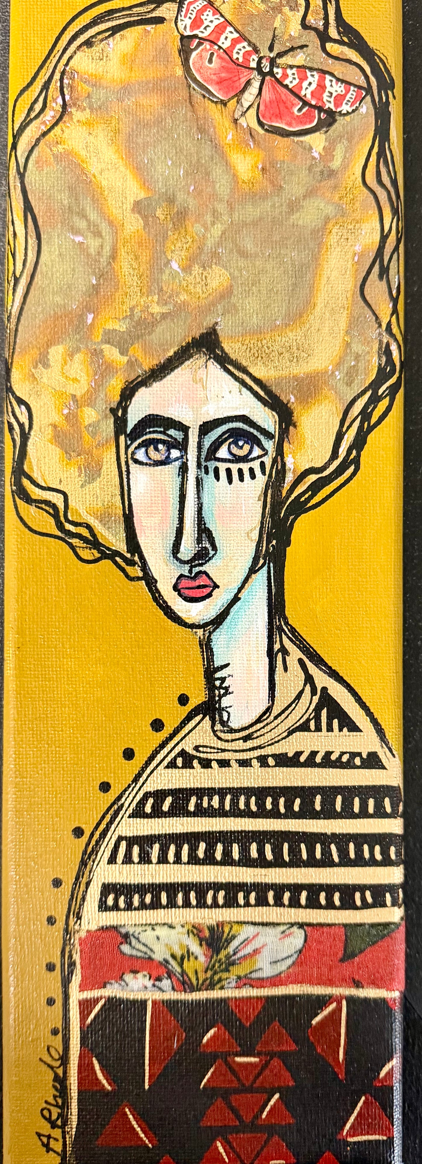 Original, signed mini /slender painting on canvas  Abstract portrait w/mixed media 4x12”