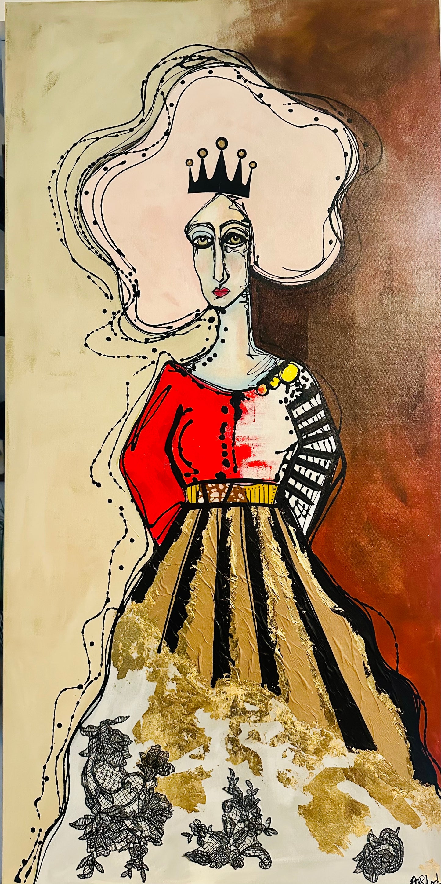 Original, signed painting-24x48”- gallery edge canvas: Abstract portrait w/ mixed media.