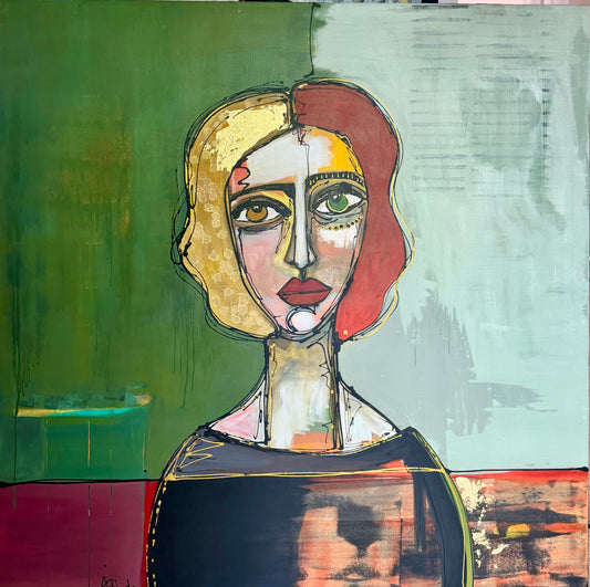48x48” Original signed painting-wide gallery edge canvas Abstract portrait, acrylic w/mixed media