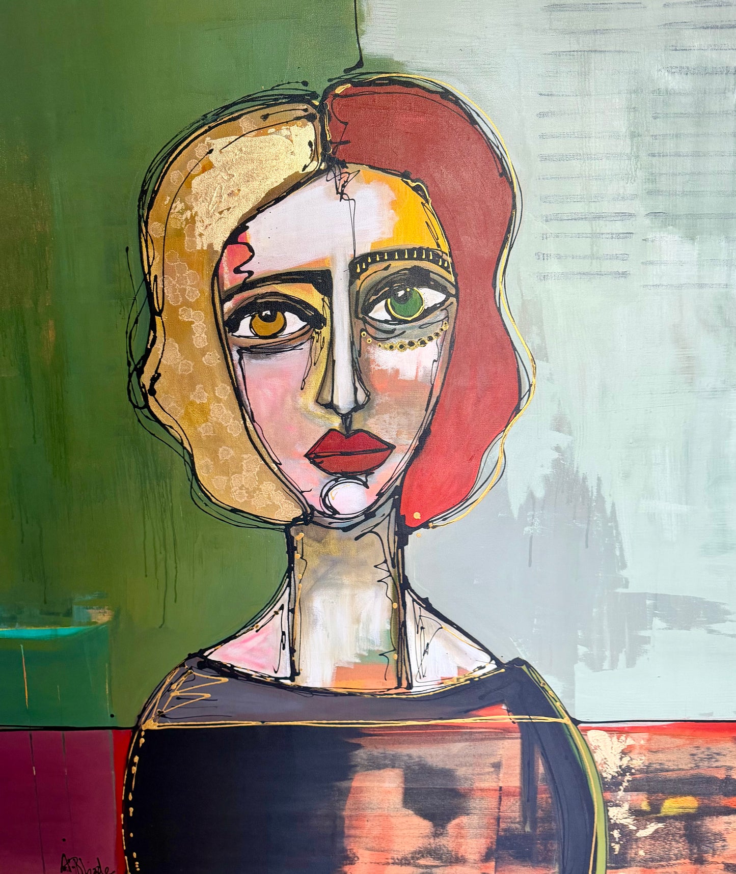 48x48” Original signed painting-wide gallery edge canvas Abstract portrait, acrylic w/mixed media