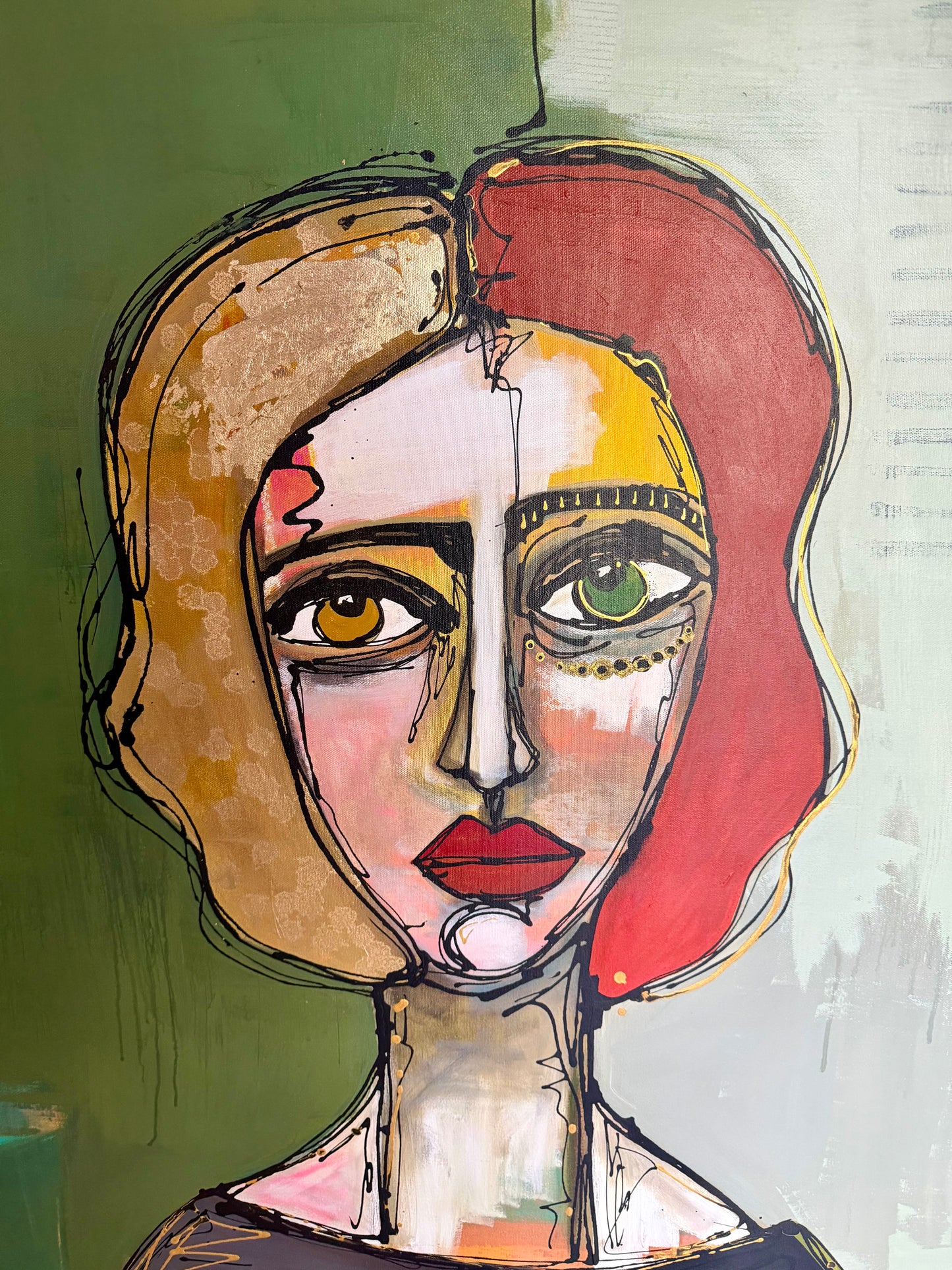 48x48” Original signed painting-wide gallery edge canvas Abstract portrait, acrylic w/mixed media