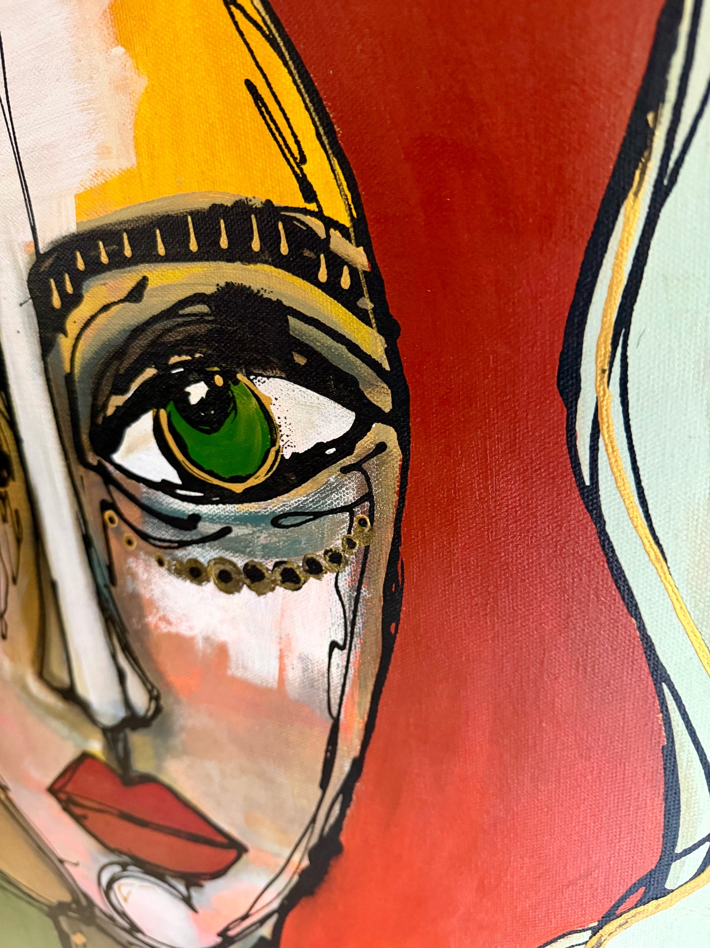 48x48” Original signed painting-wide gallery edge canvas Abstract portrait, acrylic w/mixed media