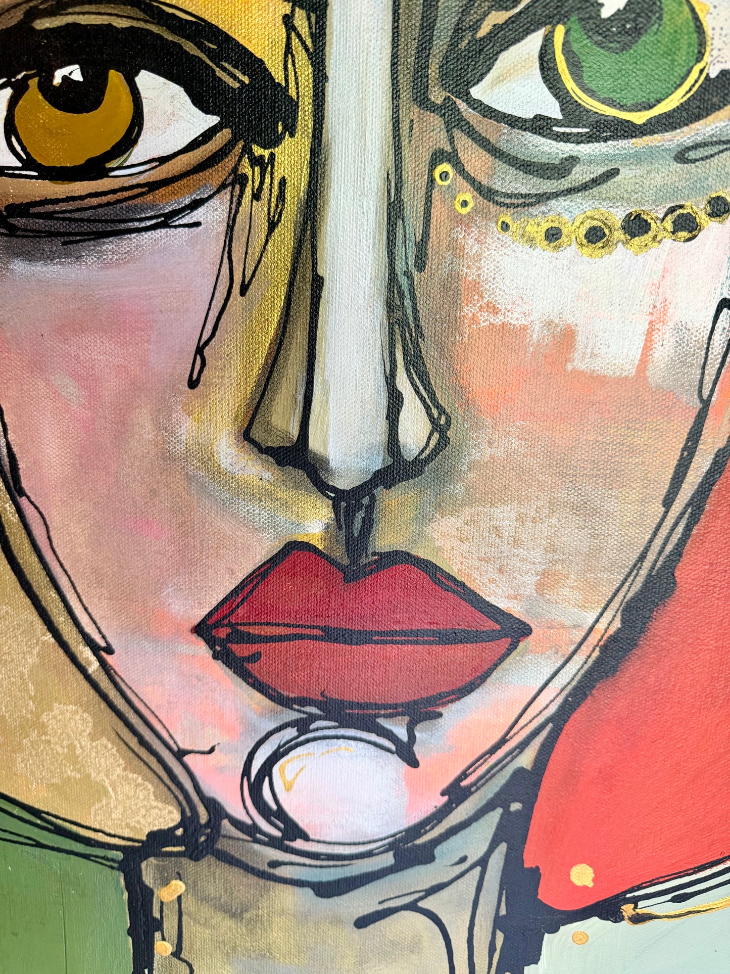 48x48” Original signed painting-wide gallery edge canvas Abstract portrait, acrylic w/mixed media