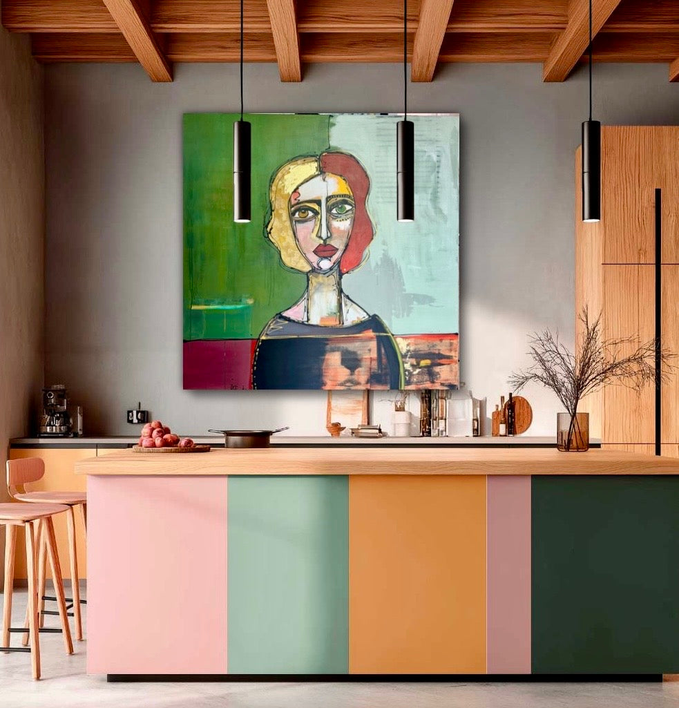 48x48” Original signed painting-wide gallery edge canvas Abstract portrait, acrylic w/mixed media