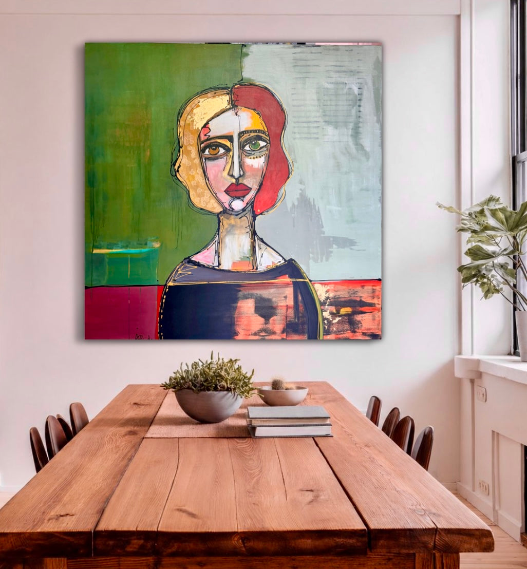 48x48” Original signed painting-wide gallery edge canvas Abstract portrait, acrylic w/mixed media