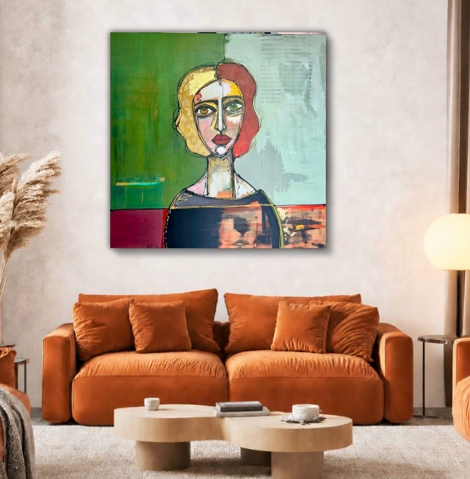 48x48” Original signed painting-wide gallery edge canvas Abstract portrait, acrylic w/mixed media