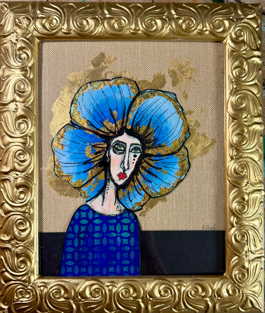 Original,signed painting/mixed media collage portrait on board in gold frame, 11x13
