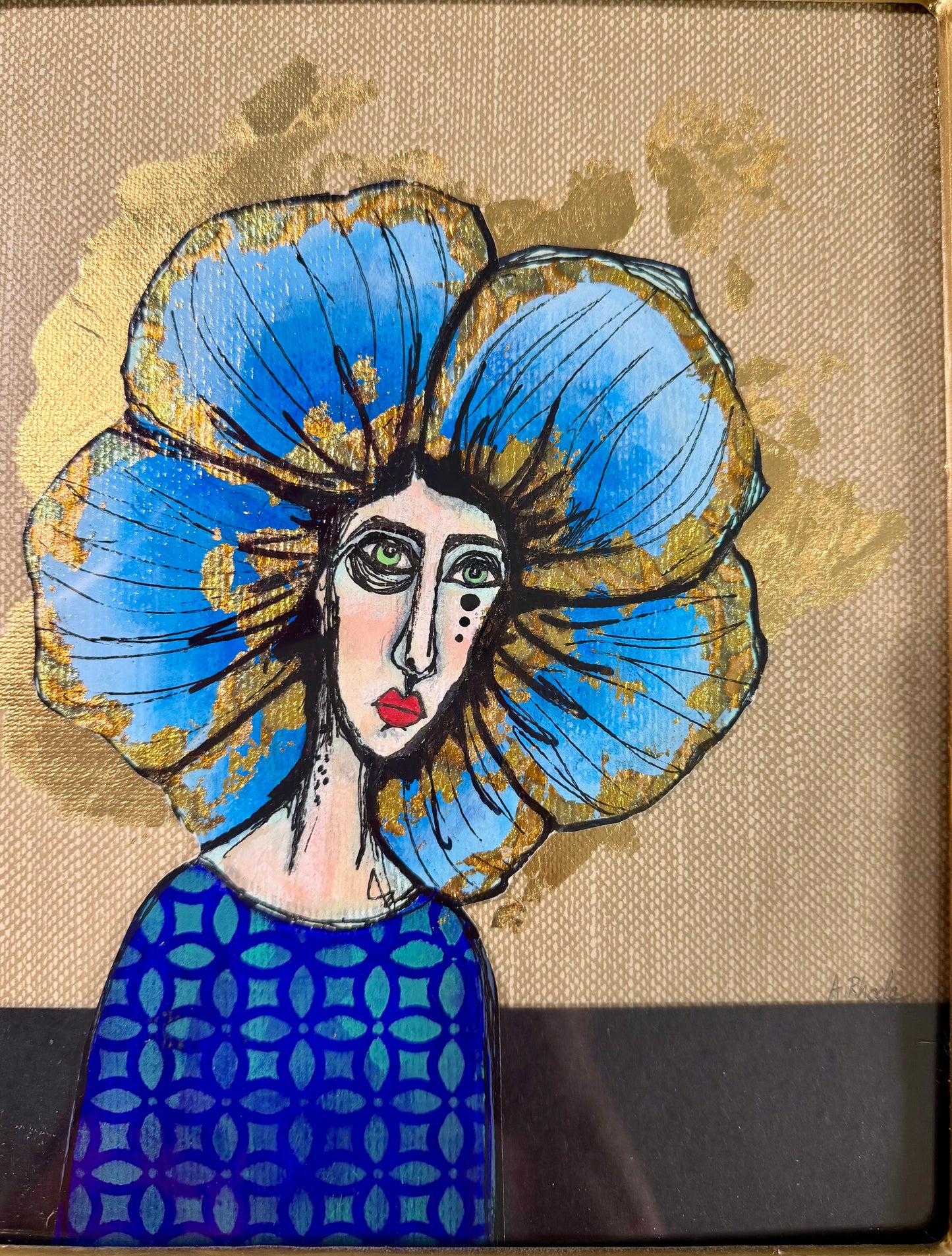 Original,signed painting/mixed media collage portrait on board in gold frame, 11x13