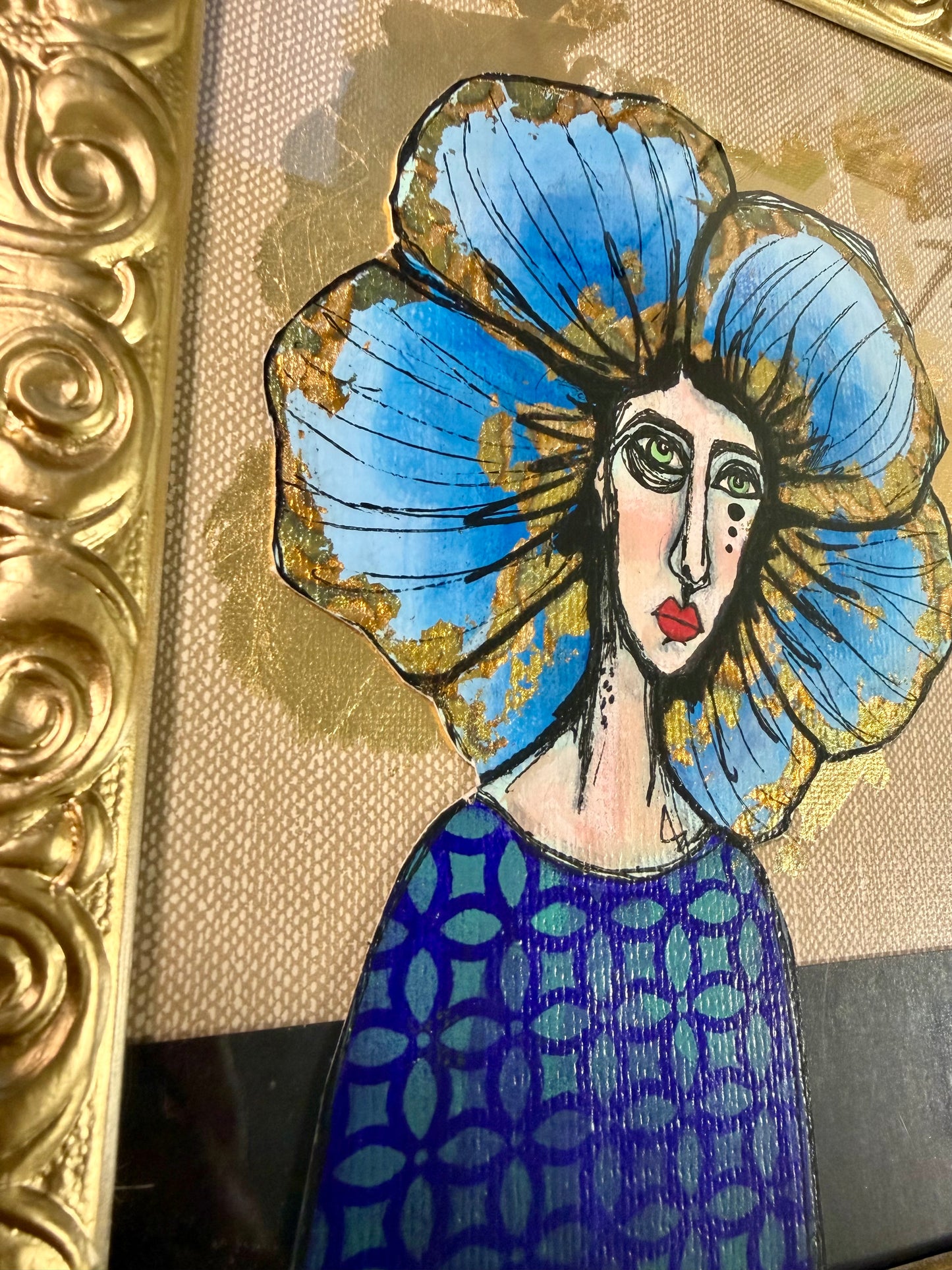 Original,signed painting/mixed media collage portrait on board in gold frame, 11x13