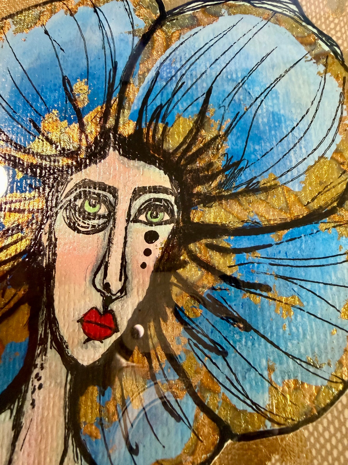 Original,signed painting/mixed media collage portrait on board in gold frame, 11x13