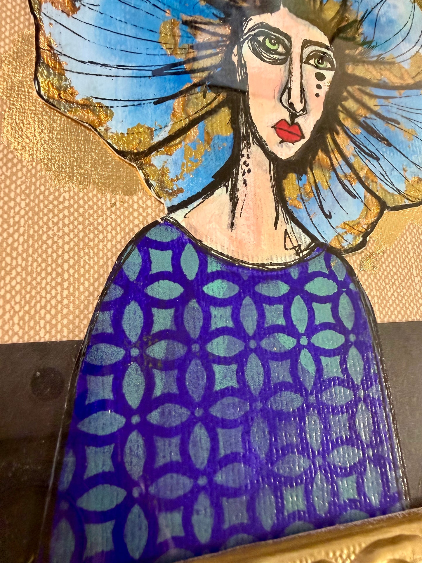 Original,signed painting/mixed media collage portrait on board in gold frame, 11x13