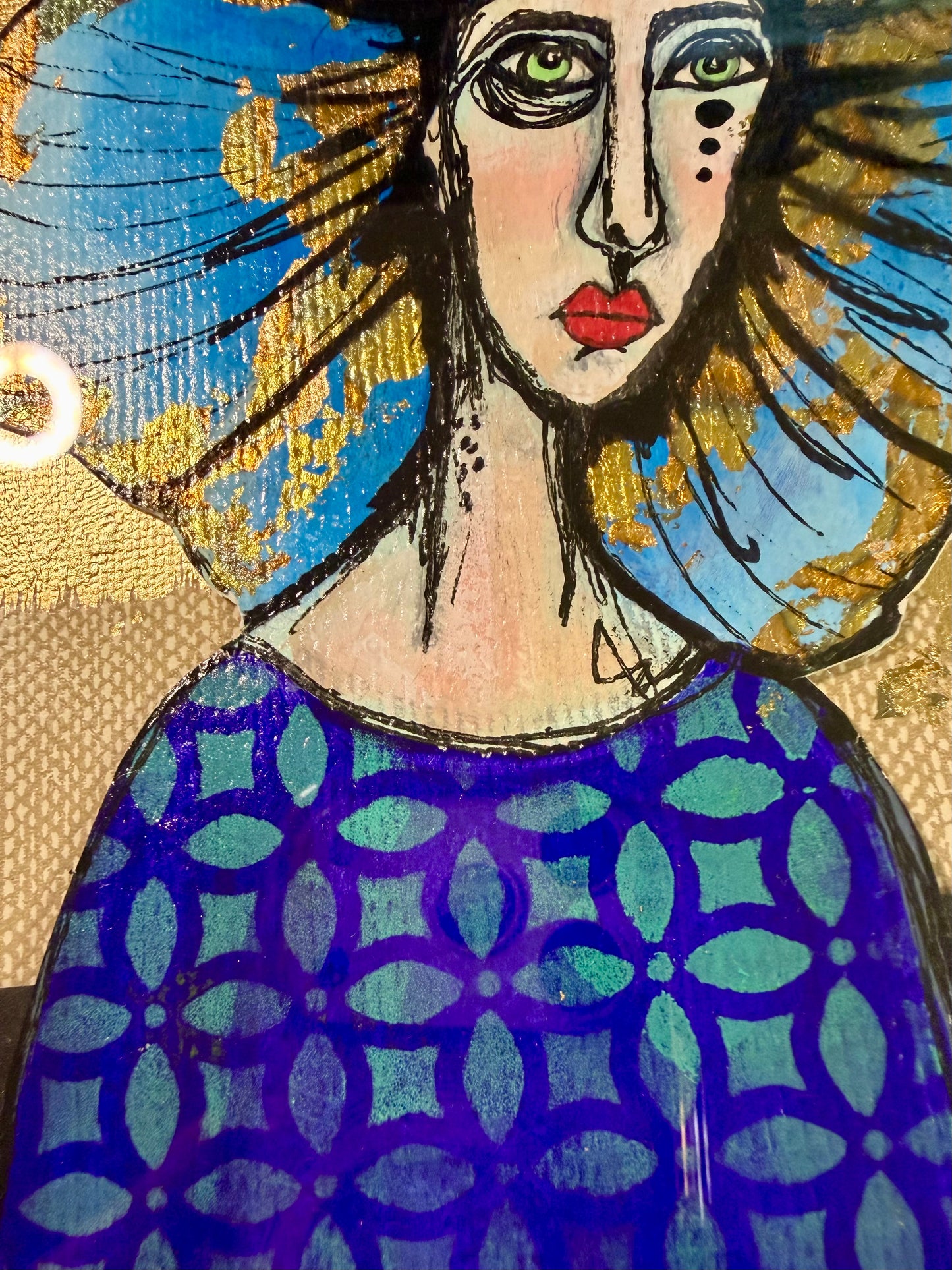 Original,signed painting/mixed media collage portrait on board in gold frame, 11x13