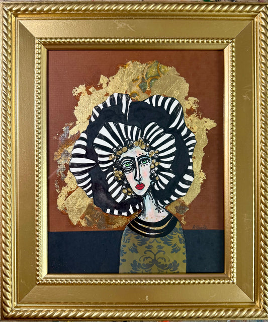 Original,signed painting/mixed media collage portrait on board in gold frame, 11.5x13.5