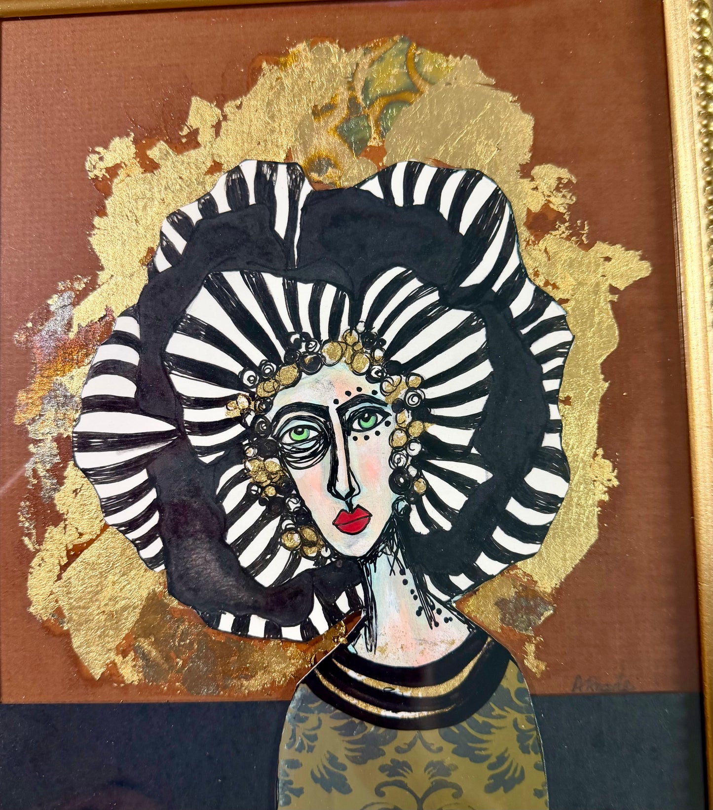 Original,signed painting/mixed media collage portrait on board in gold frame, 11.5x13.5