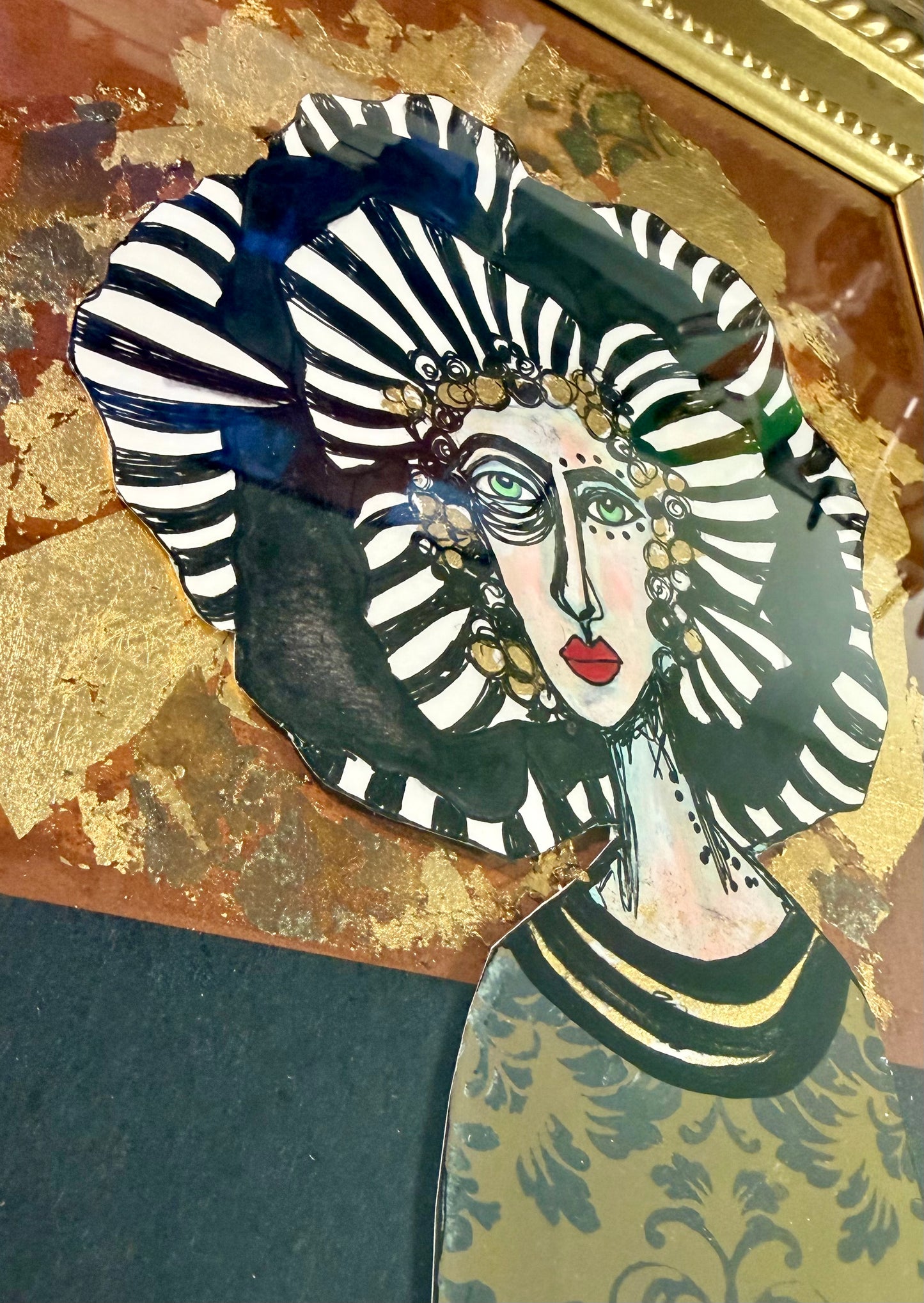 Original,signed painting/mixed media collage portrait on board in gold frame, 11.5x13.5