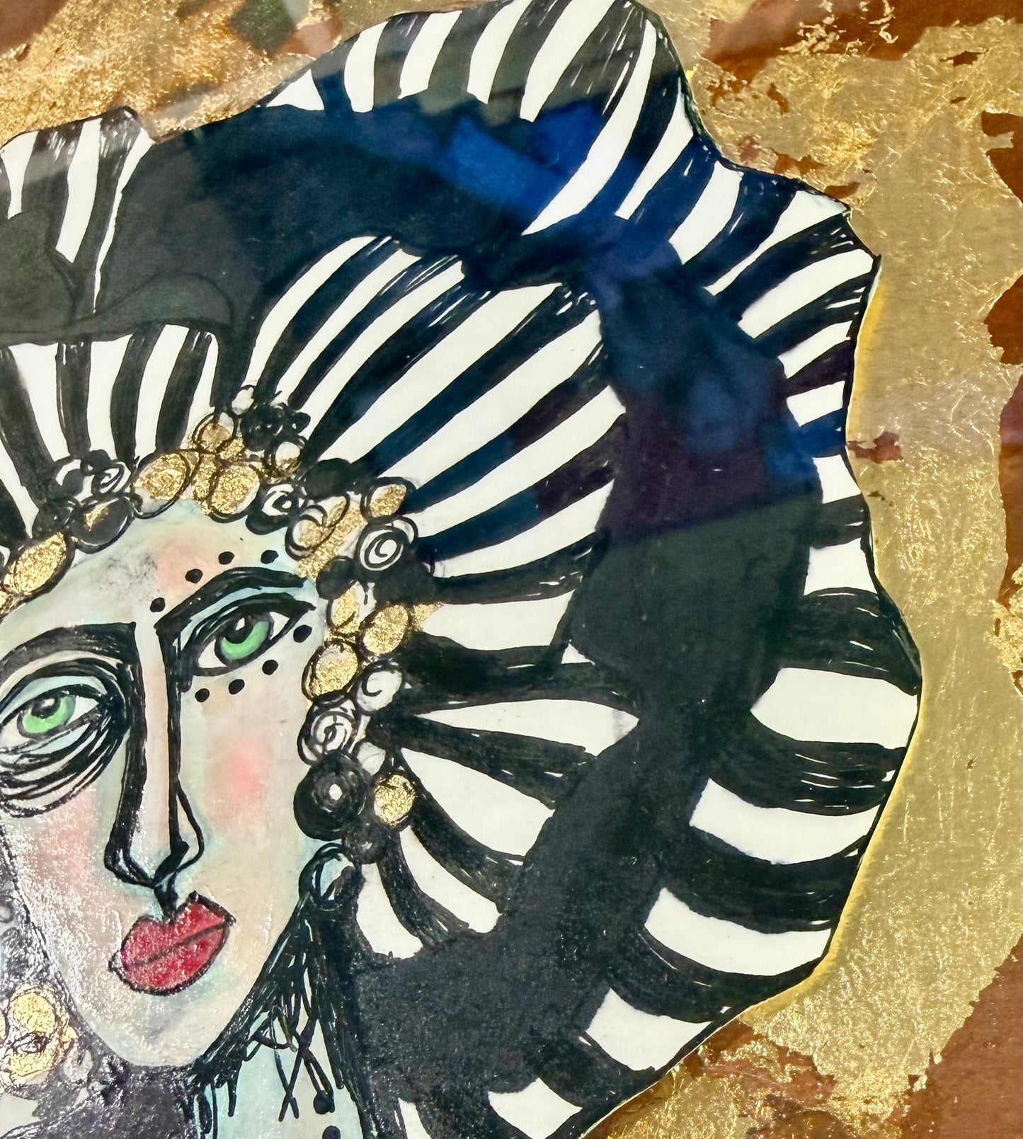 Original,signed painting/mixed media collage portrait on board in gold frame, 11.5x13.5