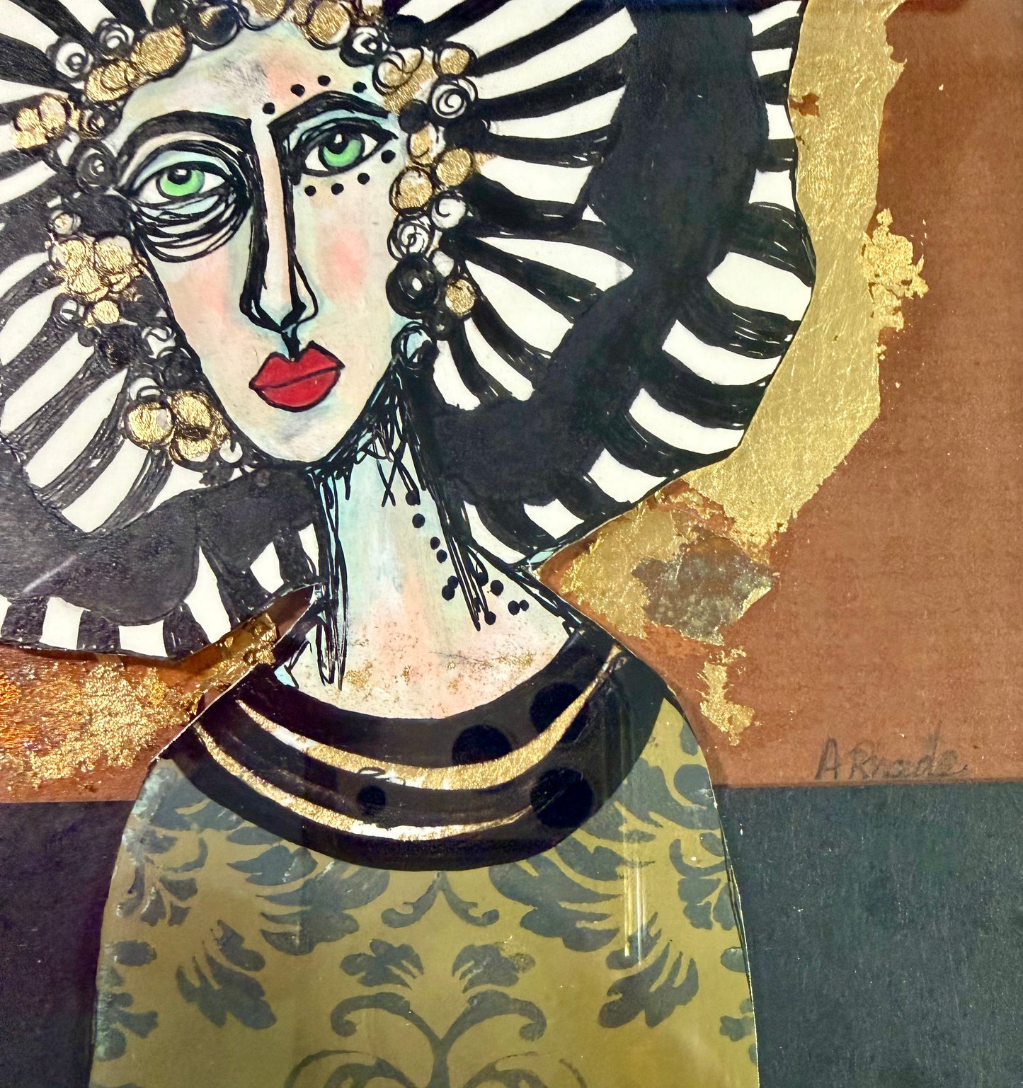 Original,signed painting/mixed media collage portrait on board in gold frame, 11.5x13.5