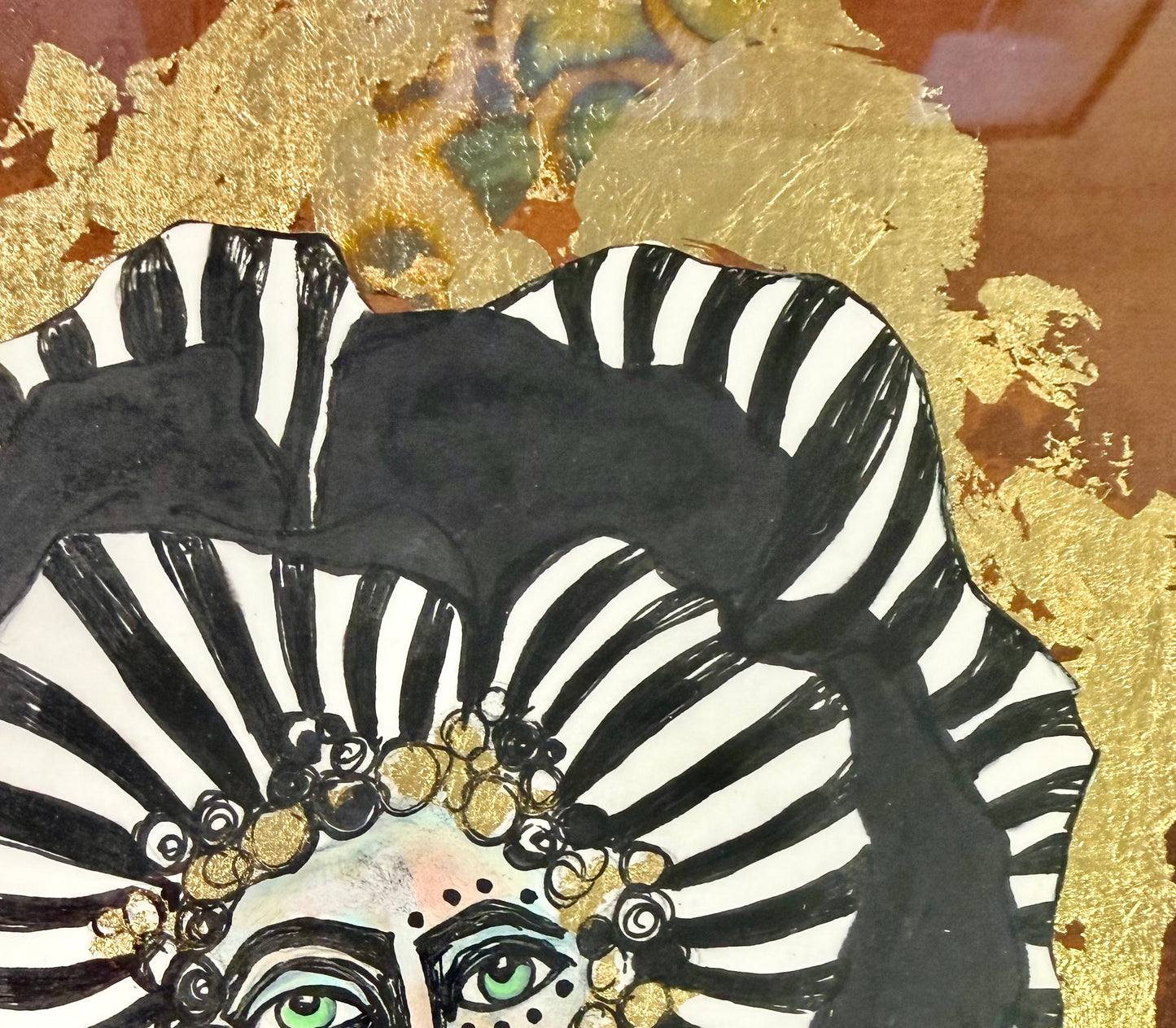 Original,signed painting/mixed media collage portrait on board in gold frame, 11.5x13.5