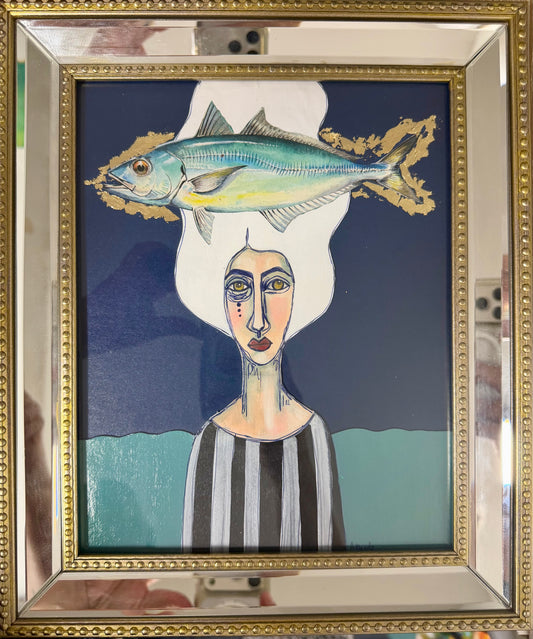 Original,signed painting/mixed media collage portrait on board in gold/silver frame, 10.5x12.5