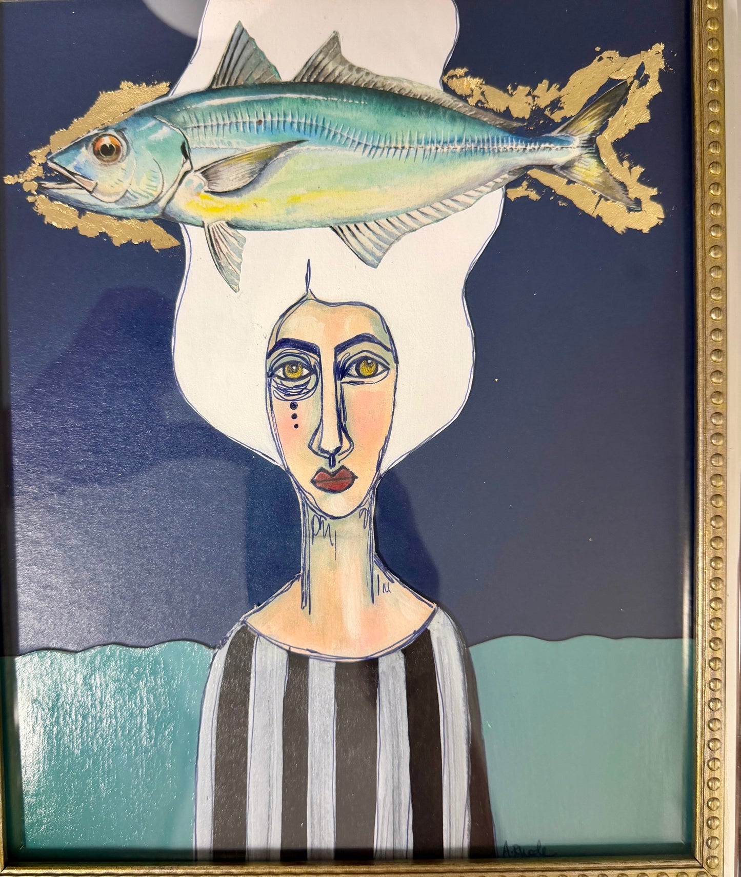 Original,signed painting/mixed media collage portrait on board in gold/silver frame, 10.5x12.5