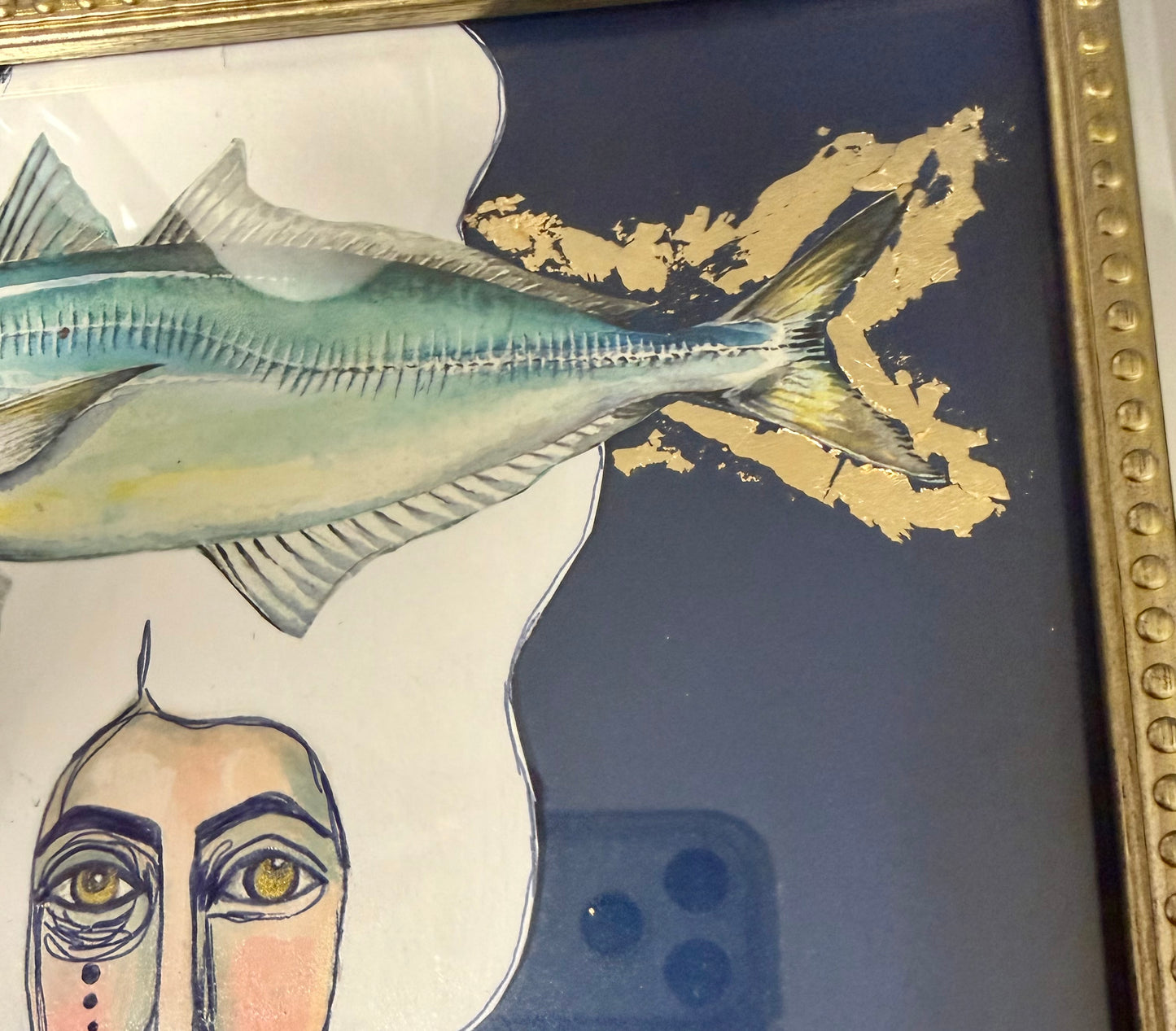 Original,signed painting/mixed media collage portrait on board in gold/silver frame, 10.5x12.5