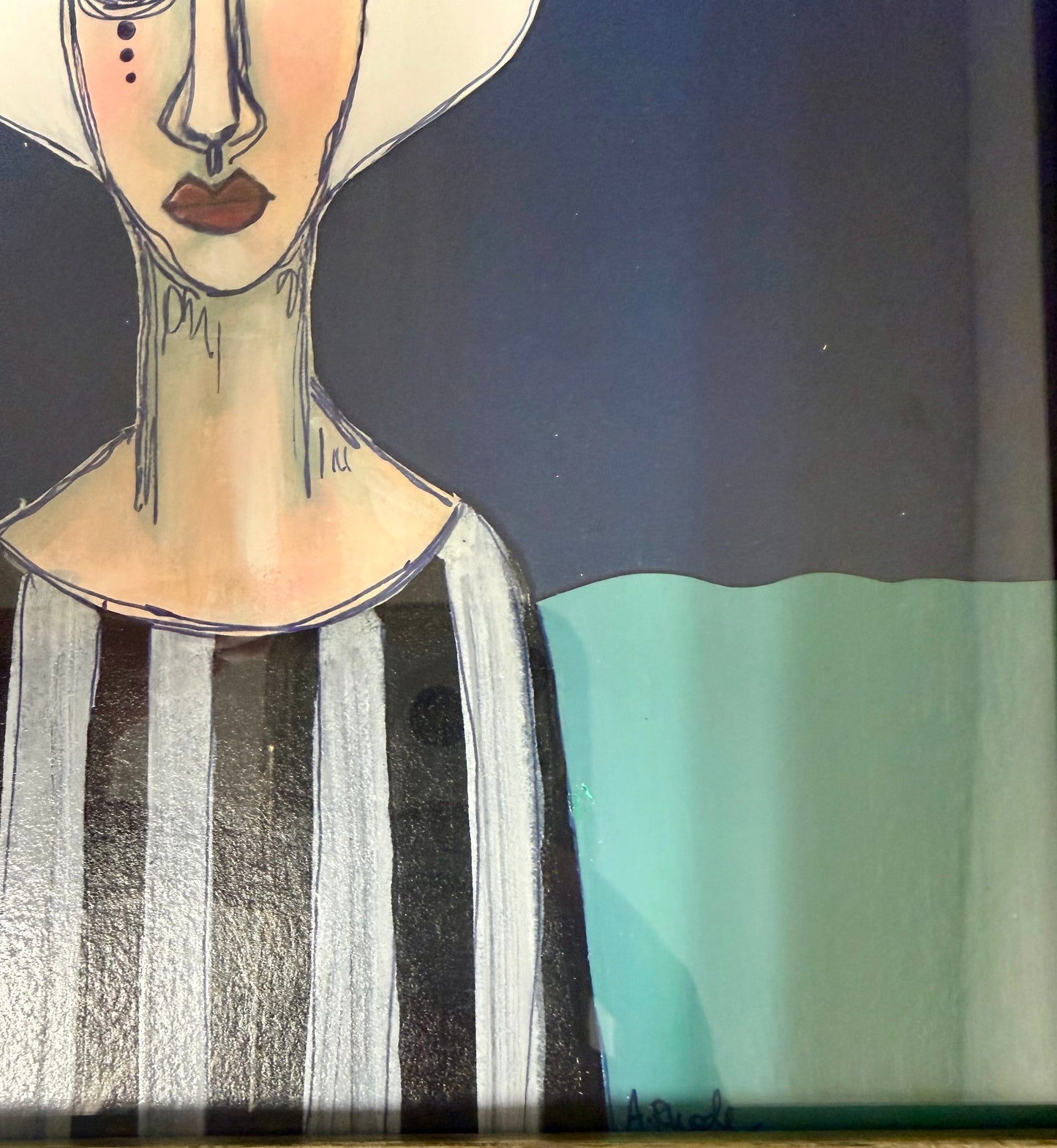 Original,signed painting/mixed media collage portrait on board in gold/silver frame, 10.5x12.5
