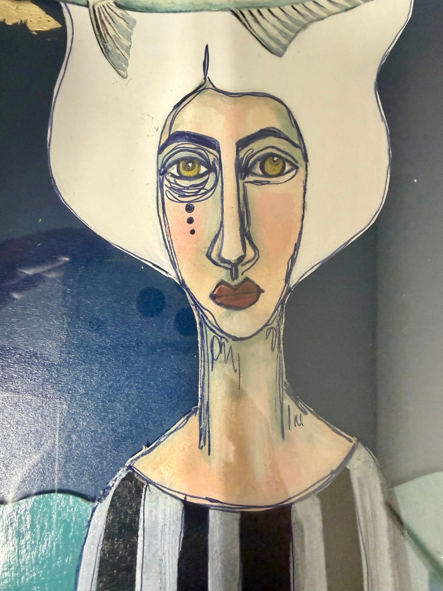 Original,signed painting/mixed media collage portrait on board in gold/silver frame, 10.5x12.5