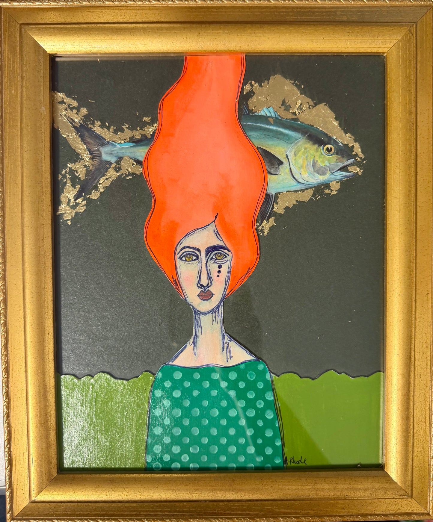 Original,signed painting/mixed media collage portrait on board in gold frame, 10x12