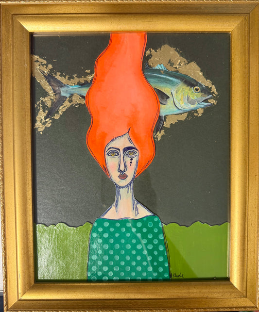 Original,signed painting/mixed media collage portrait on board in gold frame, 10x12