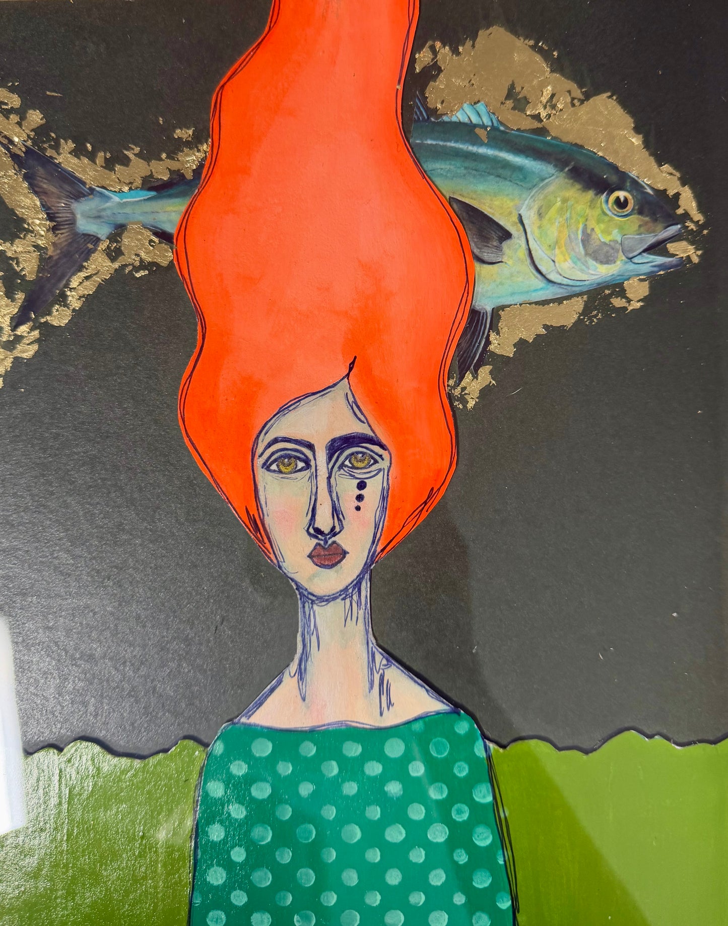 Original,signed painting/mixed media collage portrait on board in gold frame, 10x12