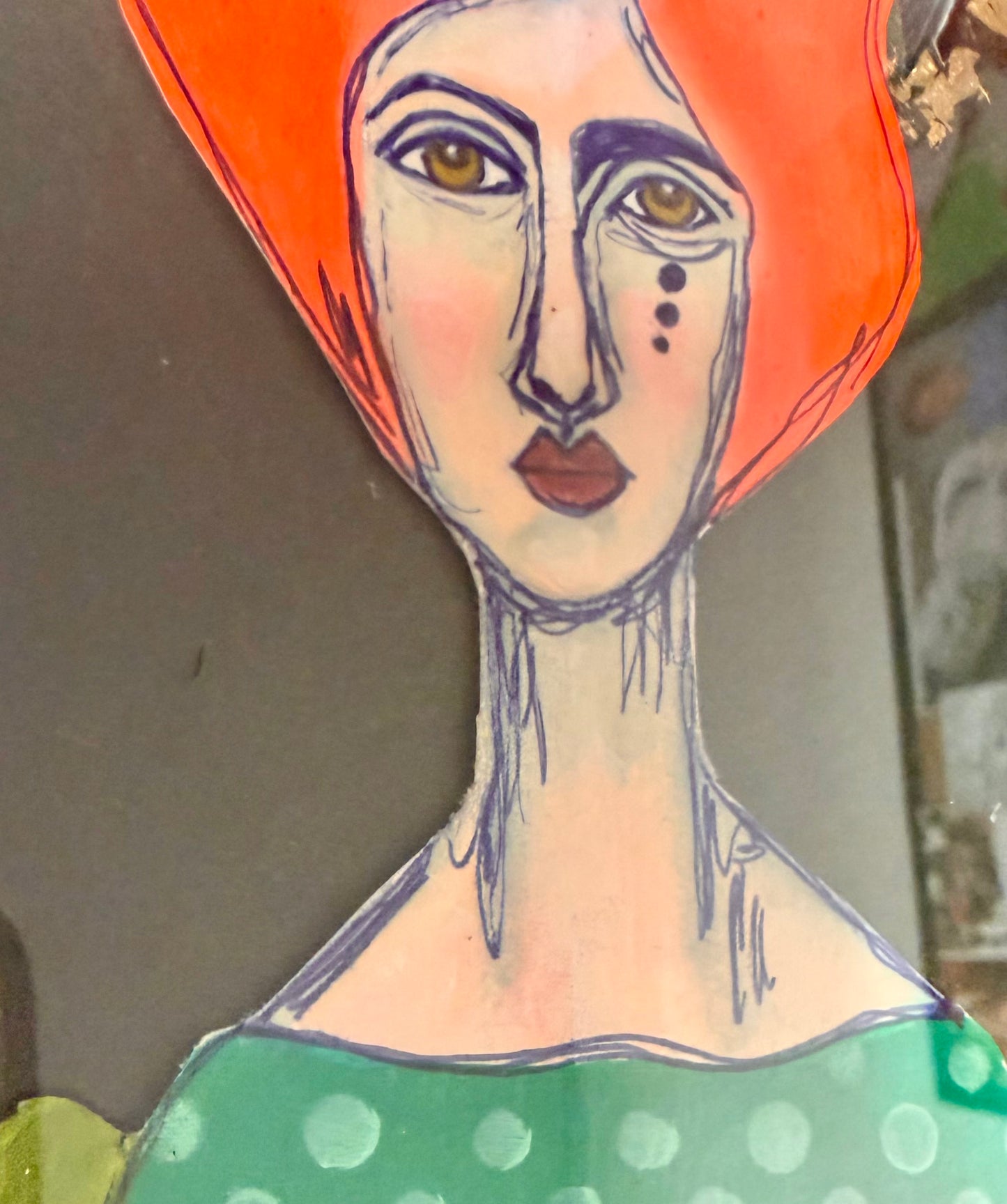 Original,signed painting/mixed media collage portrait on board in gold frame, 10x12