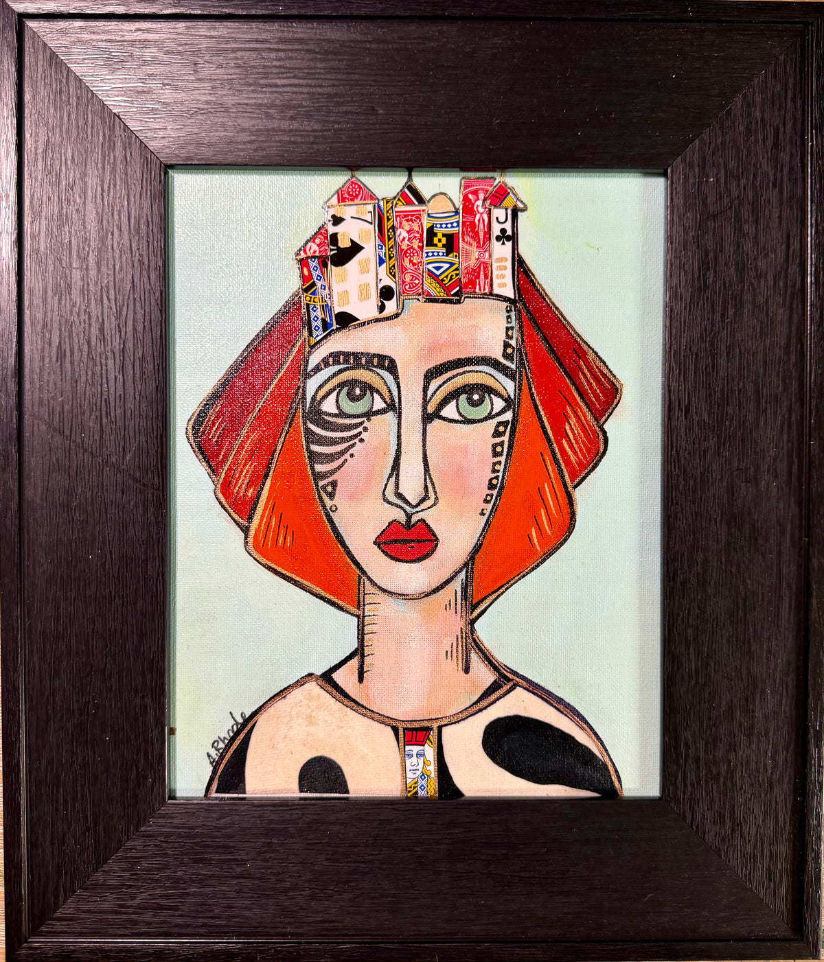 Original,signed painting-mixed media portrait on canvas board in black frame 13x15