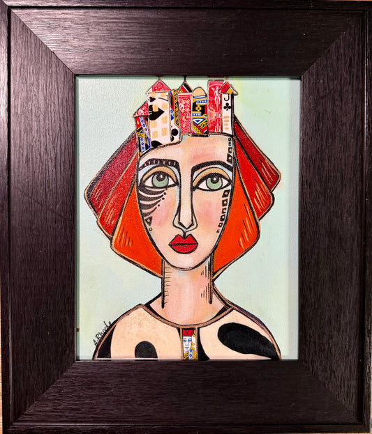 Original,signed painting-mixed media portrait on canvas board in black frame 13x15