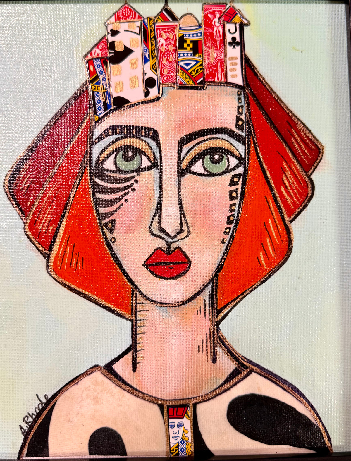 Original,signed painting-mixed media portrait on canvas board in black frame 13x15