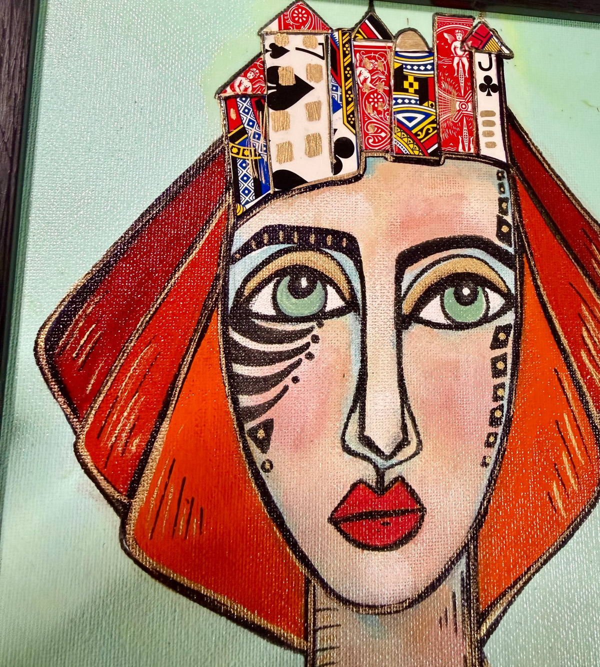 Original,signed painting-mixed media portrait on canvas board in black frame 13x15