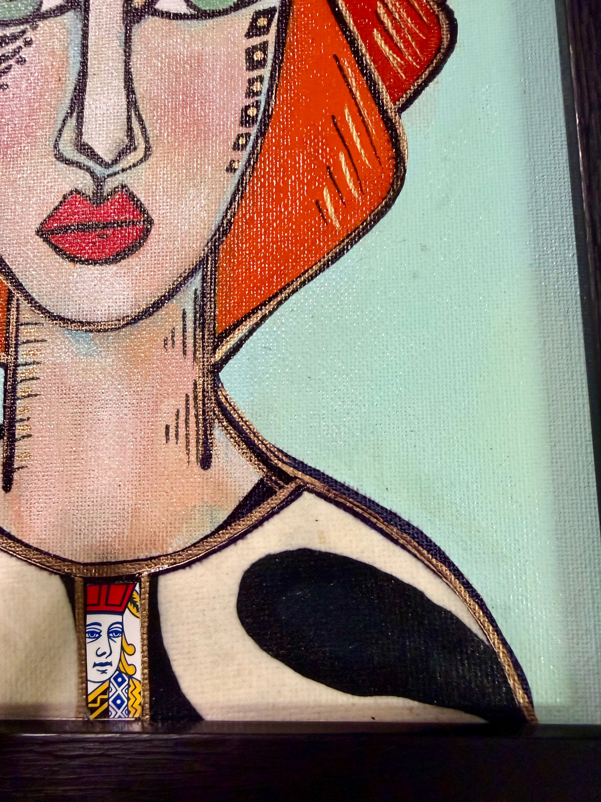 Original,signed painting-mixed media portrait on canvas board in black frame 13x15