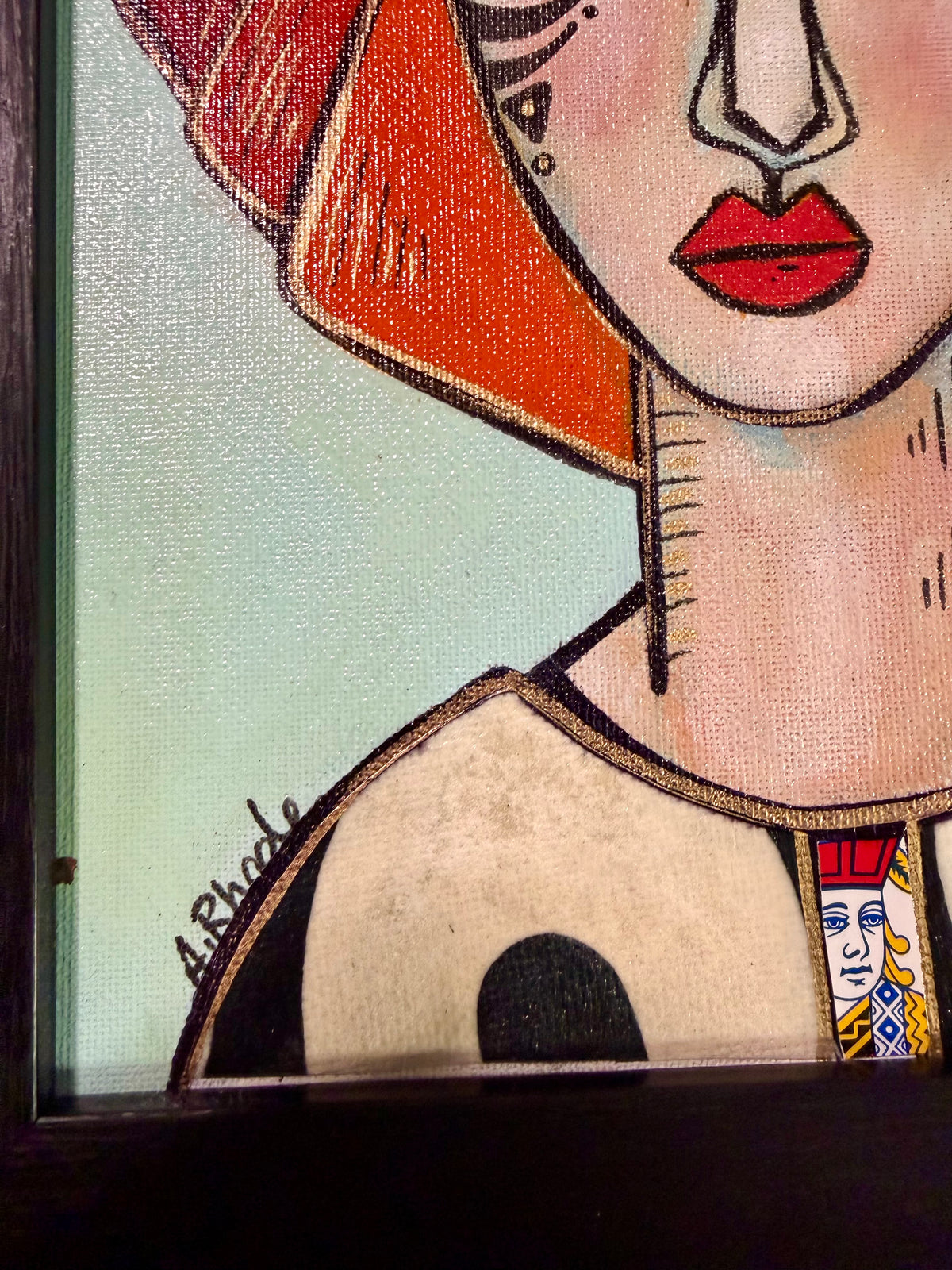 Original,signed painting-mixed media portrait on canvas board in black frame 13x15