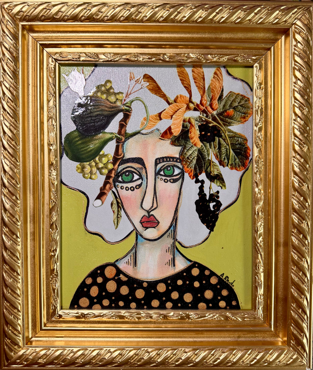 Original,signed painting-mixed media portrait on canvas board in gold frame 13x15