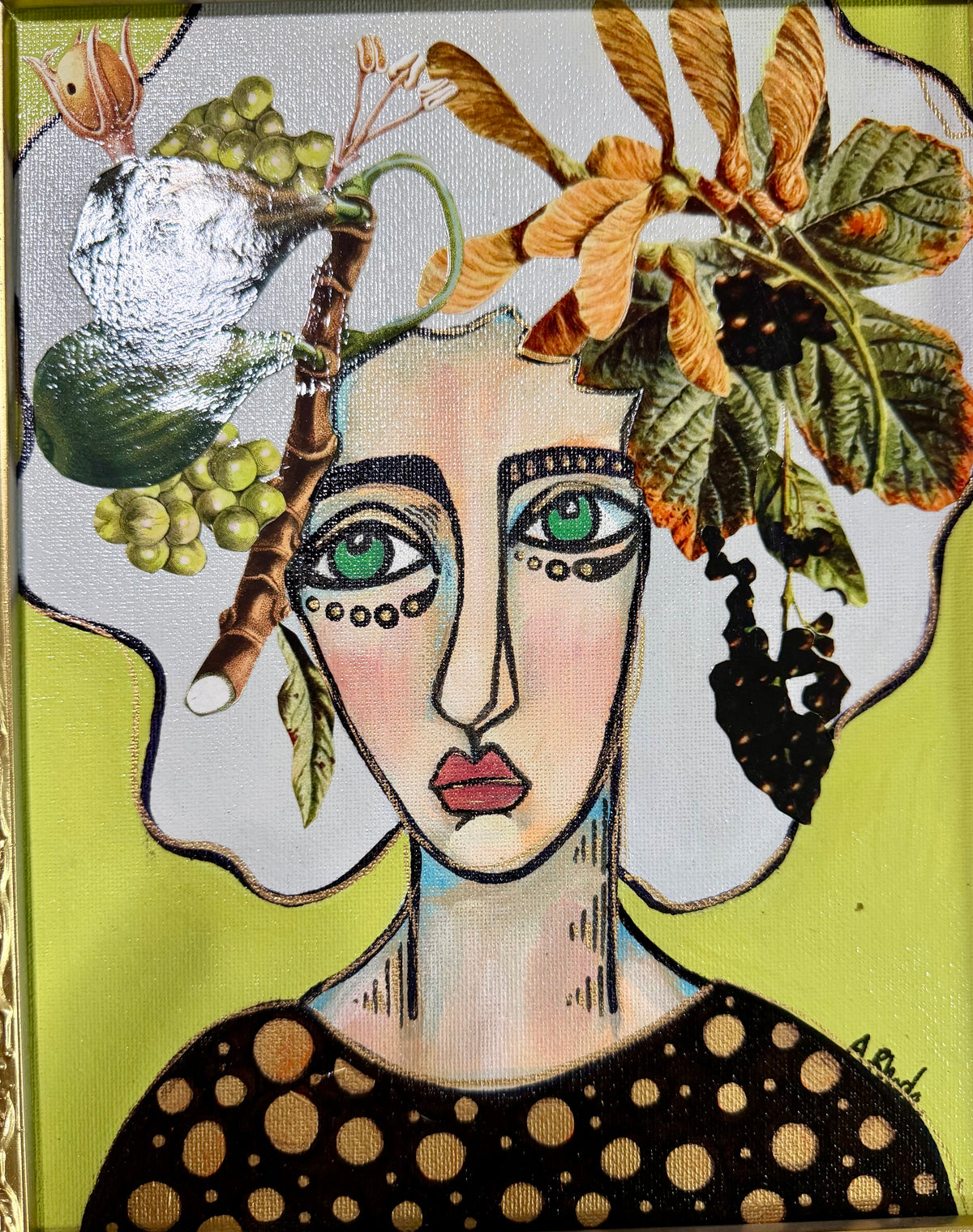 Original,signed painting-mixed media portrait on canvas board in gold frame 13x15