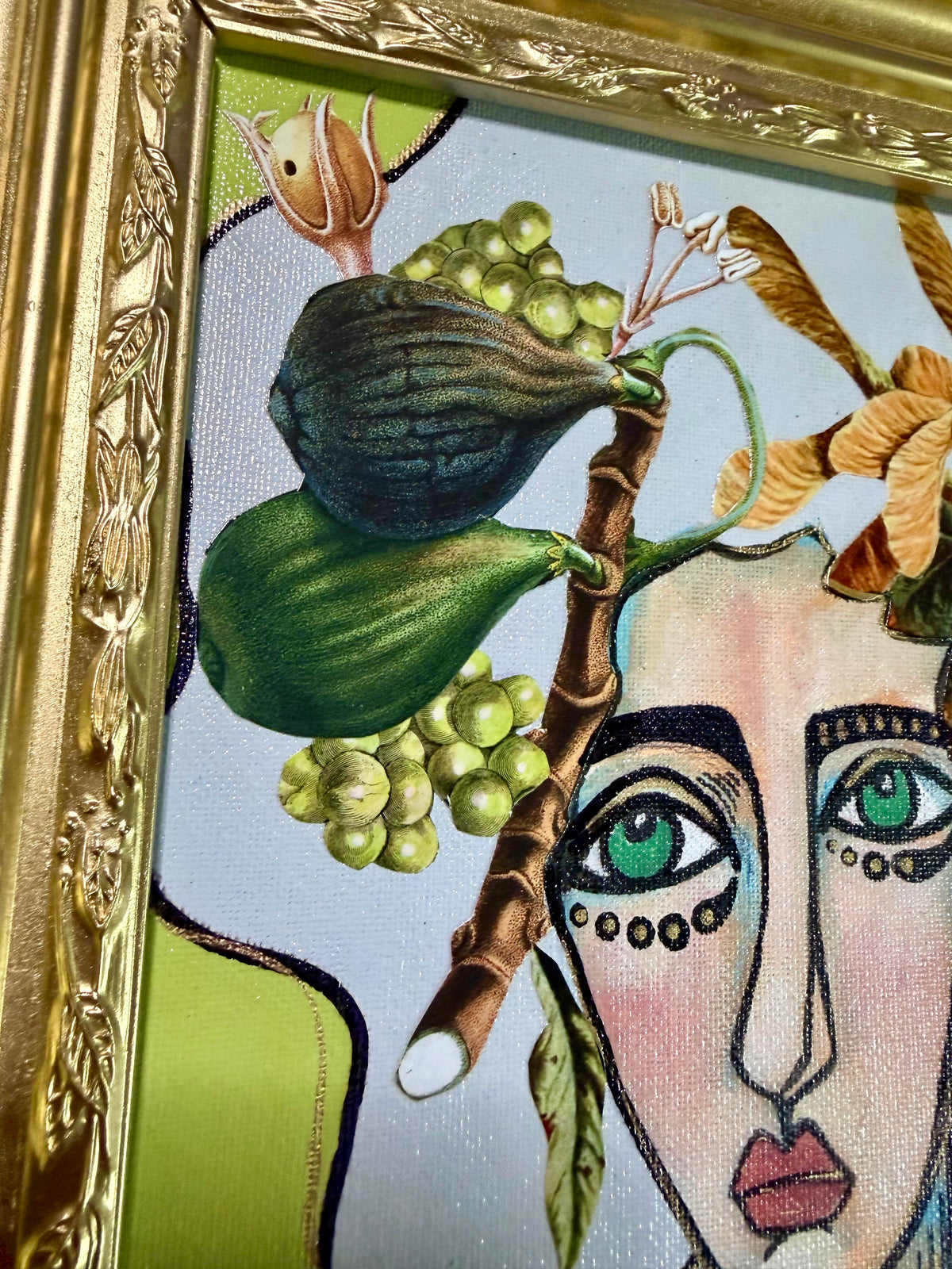 Original,signed painting-mixed media portrait on canvas board in gold frame 13x15