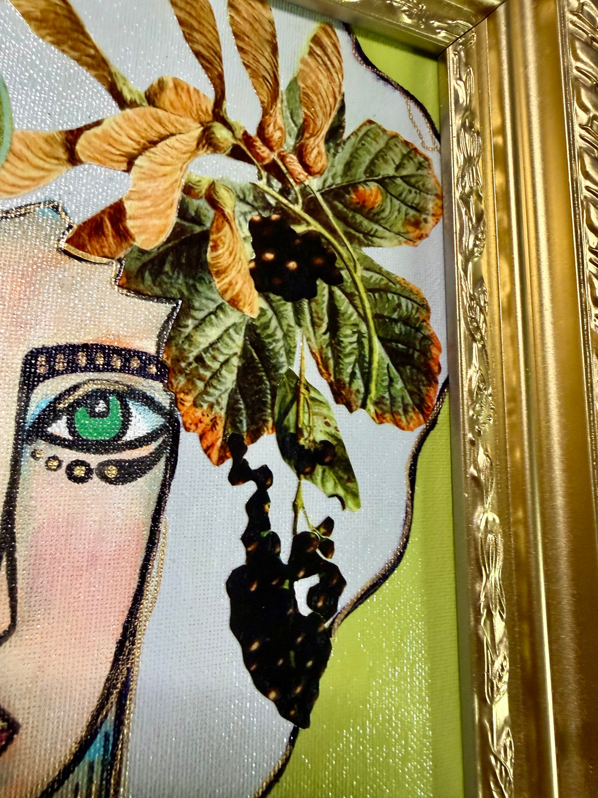 Original,signed painting-mixed media portrait on canvas board in gold frame 13x15
