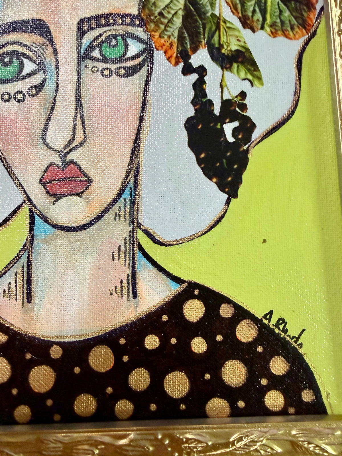 Original,signed painting-mixed media portrait on canvas board in gold frame 13x15
